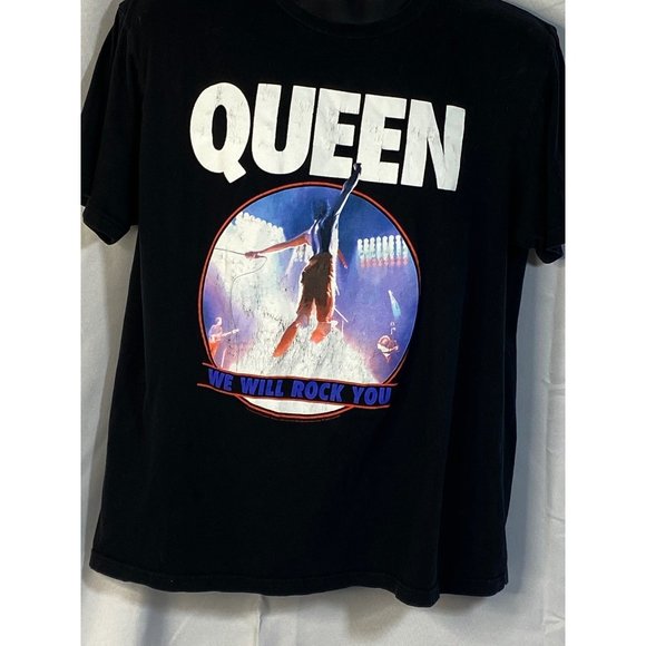 Queen Graphic Tee Black with Blue Short Sleeve Crew Neck Cotton L We Will Rock Y - Picture 1 of 8